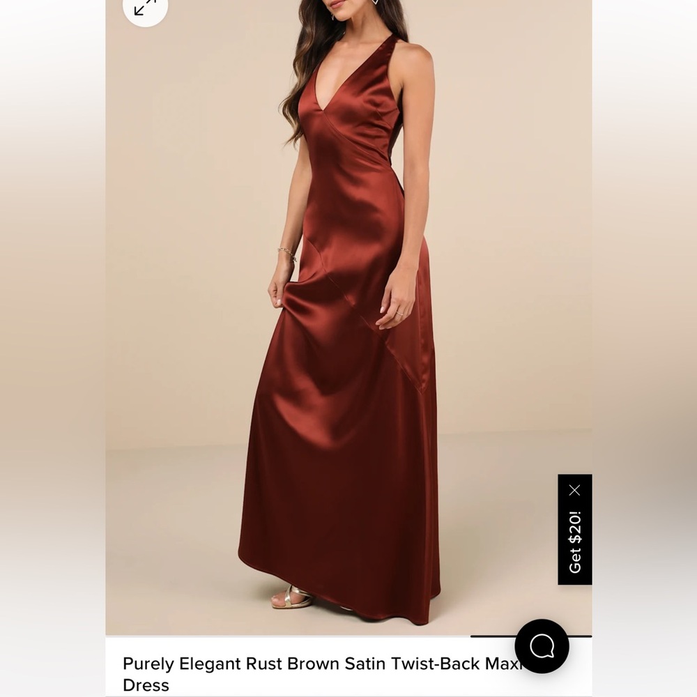 Lulus Purely Elegant Rust Brown Satin Twist-Back Maxi Dress